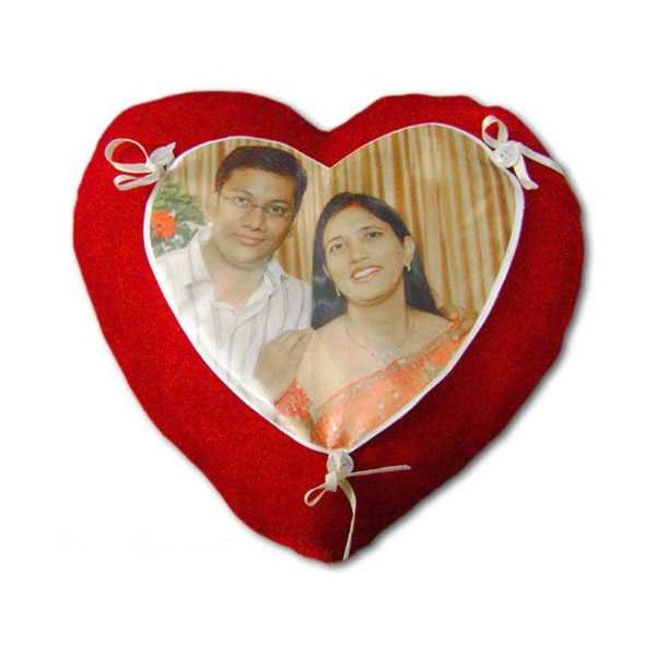 Red Heart Button and Lace Cushion With Personalized Photo